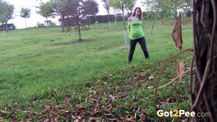 Cute Redhead Squats In An Open Field For A Golden Piss