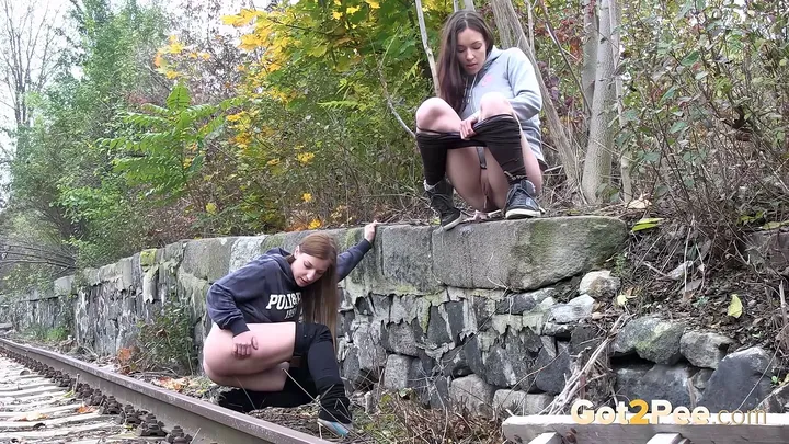 Two Girlfriends Both Squat To Piss On An Outdoor Walk